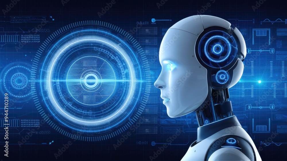 Poster futuristic 3d illustration of a humanoid robot: artificial intelligence, coding technology, and mach
