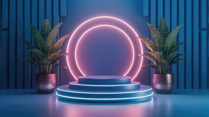 Futuristic 3D Blue Podium with Pink Neon Circle for Product Displays and Mockup Presentations