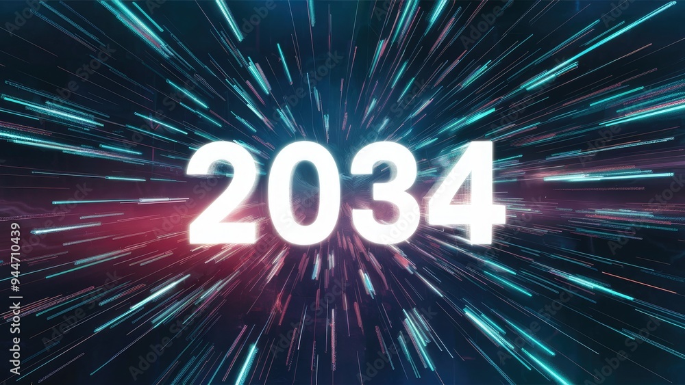 Poster futuristic 3d rendering of the year 2034 featuring dynamic screen effects and technological glitches