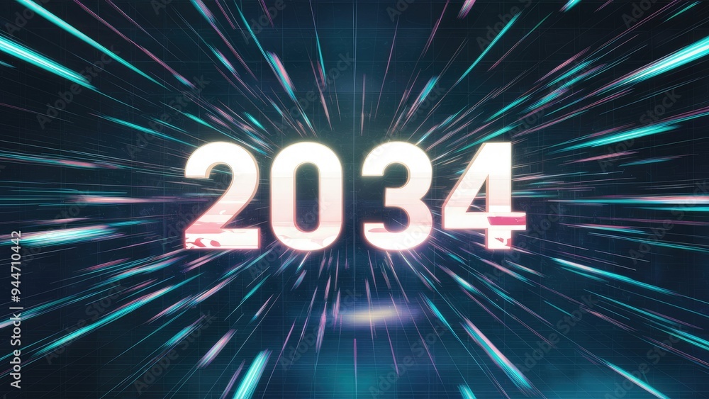 Poster futuristic 3d rendering of the year 2034 featuring dynamic screen effects and technological glitches