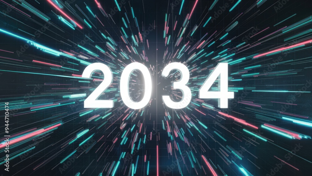 Poster futuristic 3d rendering of the year 2034 featuring dynamic screen effects and technological glitches