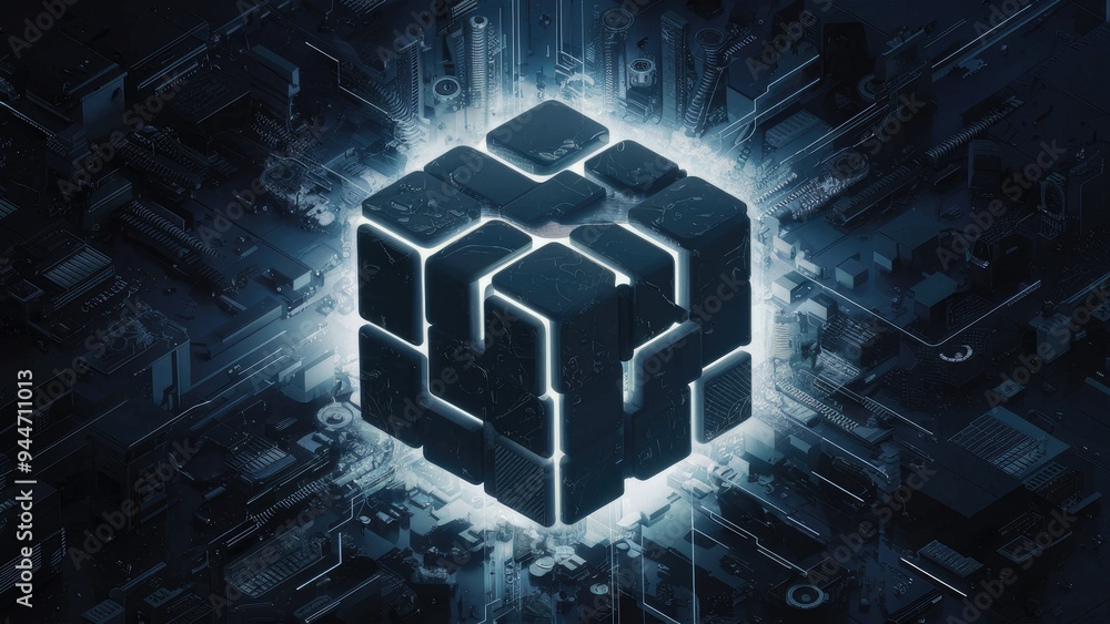 Poster futuristic dark cube abstract design for product and packaging display. versatile template featuring