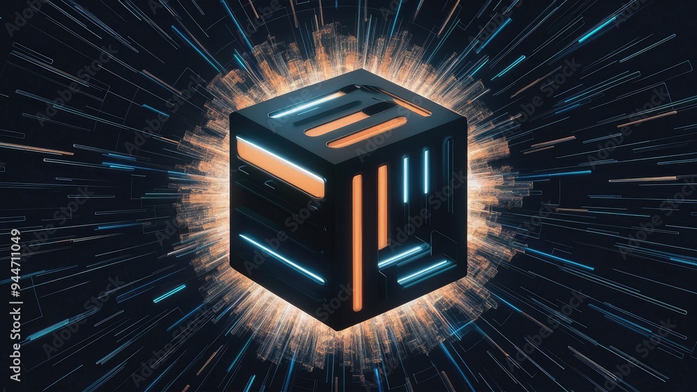 Poster futuristic dark cube abstract design for product and packaging display. versatile template featuring