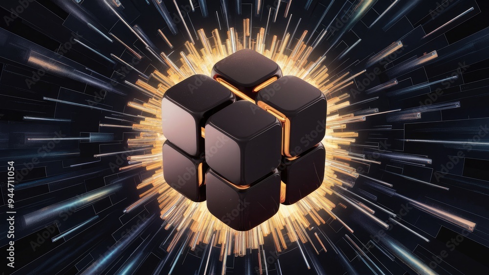 Poster futuristic dark cube abstract design for product and packaging display. versatile template featuring