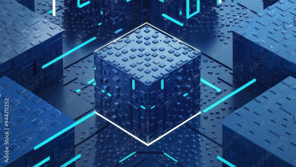 Poster futuristic geometric design featuring 3d abstract blue cubes with dot patterns