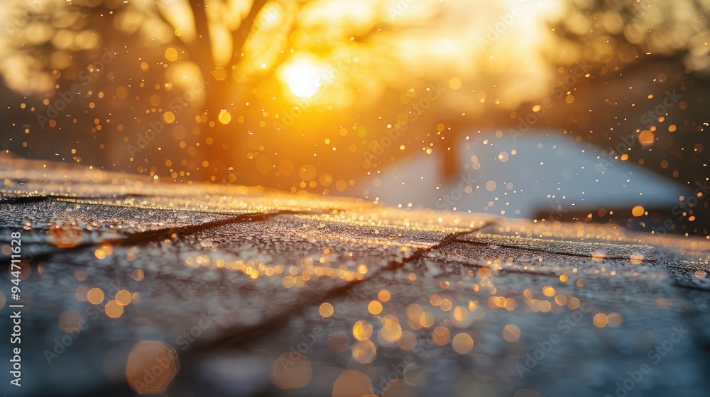 Poster hail resting on a rooftop with a shallow focus on hailstones in the foreground following a storm.