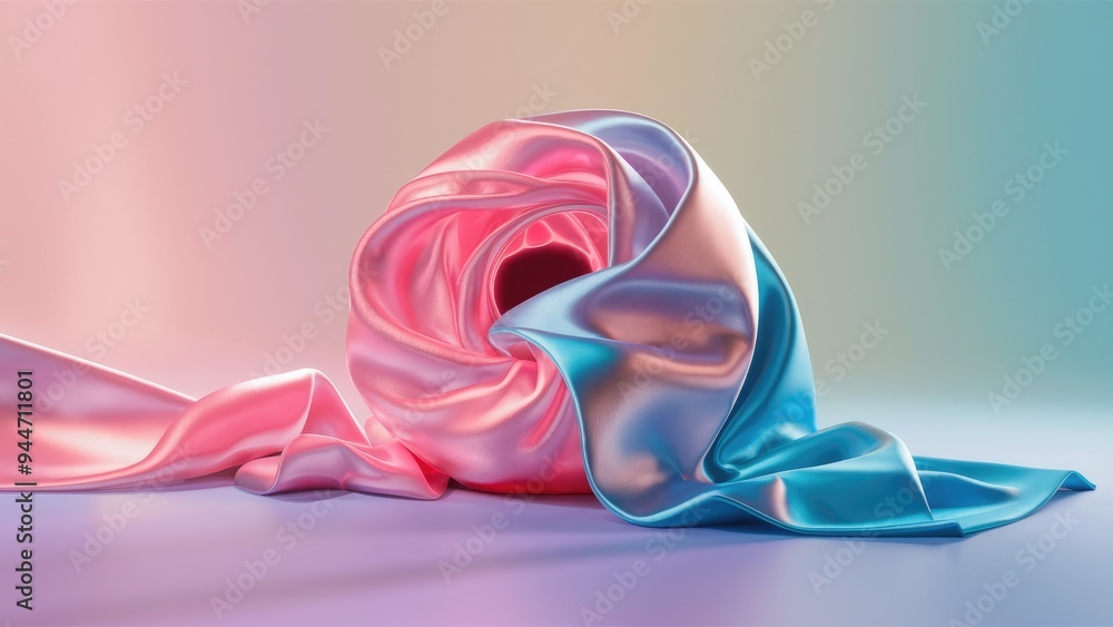 Poster futuristic abstract 3d rendering of glowing satin in pink and blue hues, featuring a pastel-colored 
