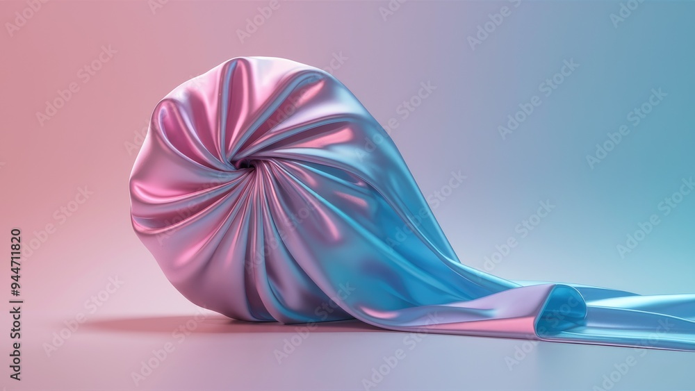 Poster futuristic abstract 3d rendering of glowing satin in pink and blue hues, featuring a pastel-colored 