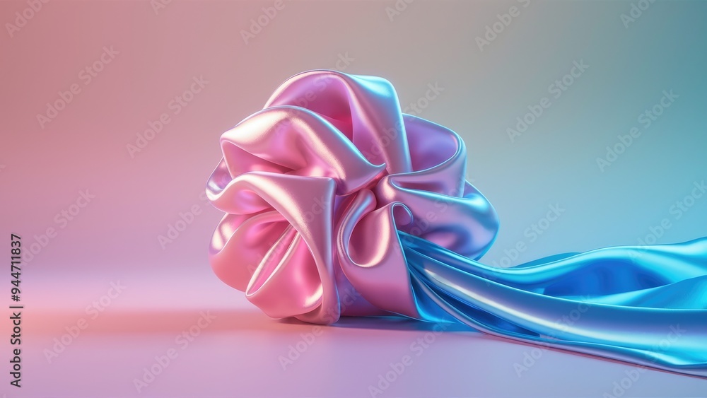 Poster futuristic abstract 3d rendering of glowing satin in pink and blue hues, featuring a pastel-colored 