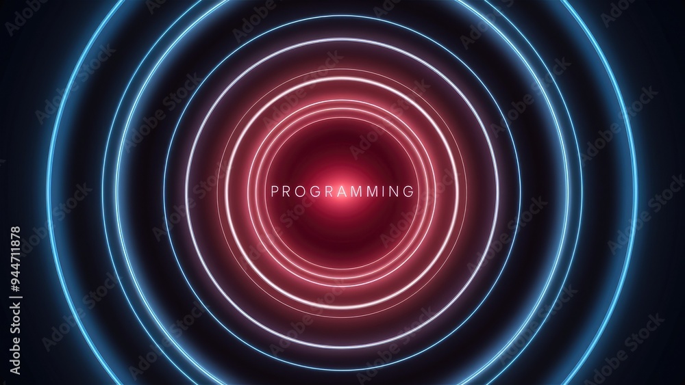 Poster futuristic abstract background featuring neon circles with the word programming at the focal point.