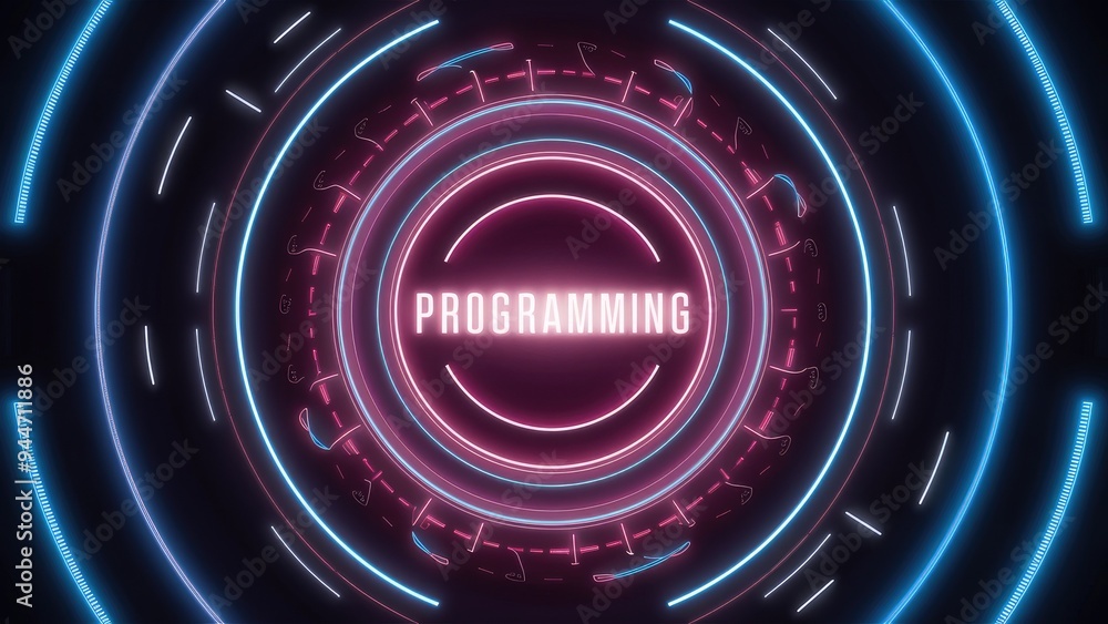 Poster futuristic abstract background featuring neon circles with the word programming at the focal point.
