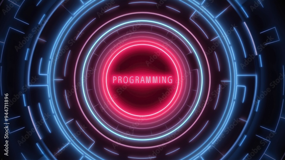 Poster futuristic abstract background featuring neon circles with the word programming at the focal point.