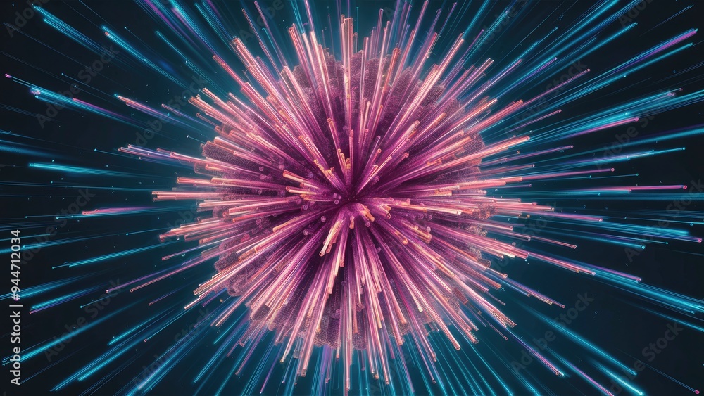 Poster futuristic abstract dynamic particle explosion featuring vertical lines, immersive 3d illustration.