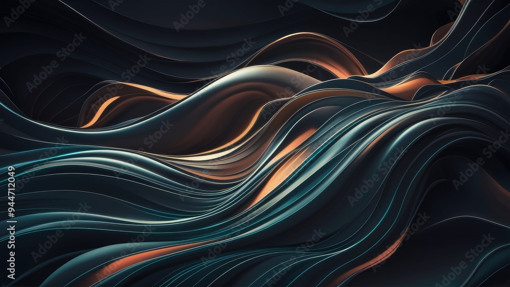 Poster futuristic abstract dark background with flowing wave design. luxurious realistic 3d wallpaper featu
