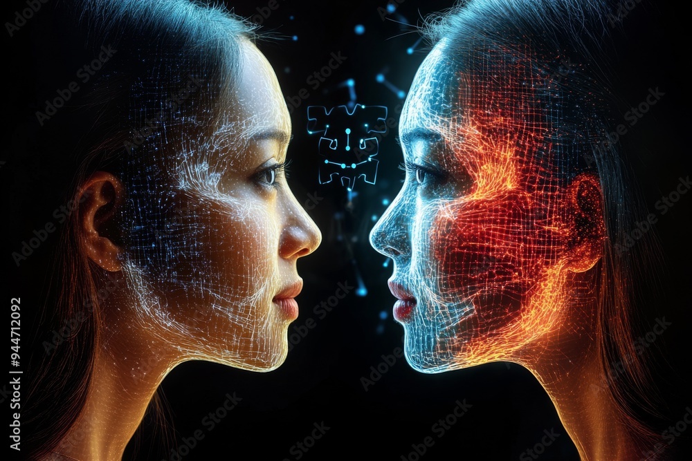 Aufkleber digital neural dialogue a high tech artistic illustration of two human profiles engaged in a brainwa