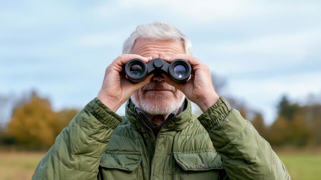 An elderly man birdwatching with binoculars in a nature reserve, deeply engaged in his hobby, birdwatching, retired man, nature connection