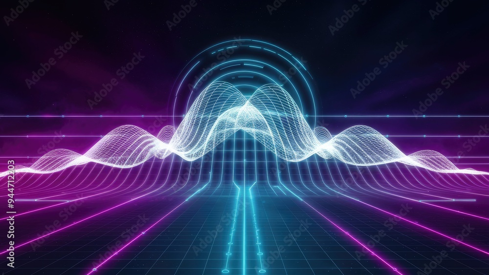 Aufkleber futuristic digital waveform in neon hues on a tech-inspired grid, offering ample space for text.