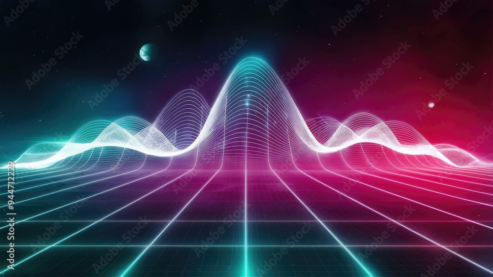 Poster futuristic digital waveform in neon hues on a tech-inspired grid, offering ample space for text.