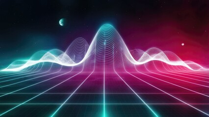 Futuristic digital waveform in neon hues on a tech-inspired grid, offering ample space for text.