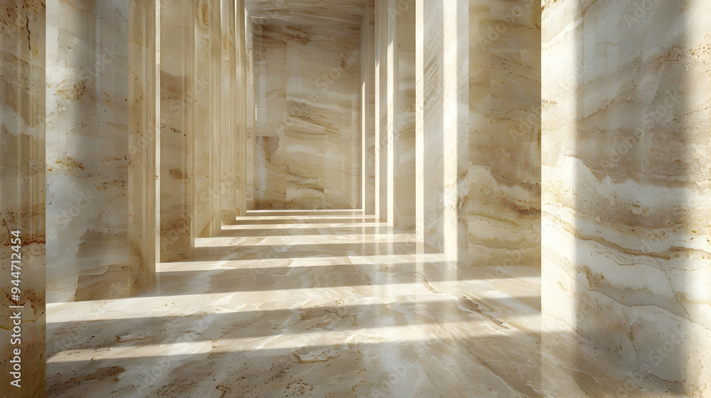 Poster empty corridor with stone columns and sunbeams shining through.