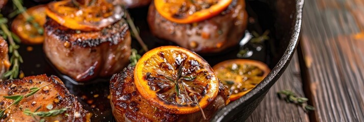 Fototapeta premium Close-up of classic fried pork medallions paired with caramelized orange slices and fresh herbs in a rustic skillet.