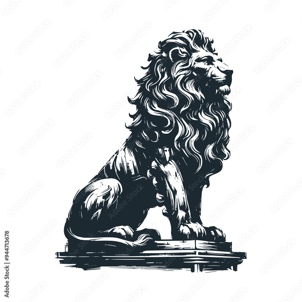 Sticker  The great wild lion. Black white vector illustration.
