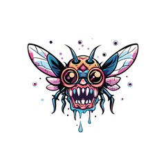 Grotesque alien with multiple eyes, large teeth, dripping liquid and wings.