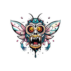 Vector illustration of a grotesque alien with multiple eyes and fangs, wings, and a dripping black substance from its mouth.