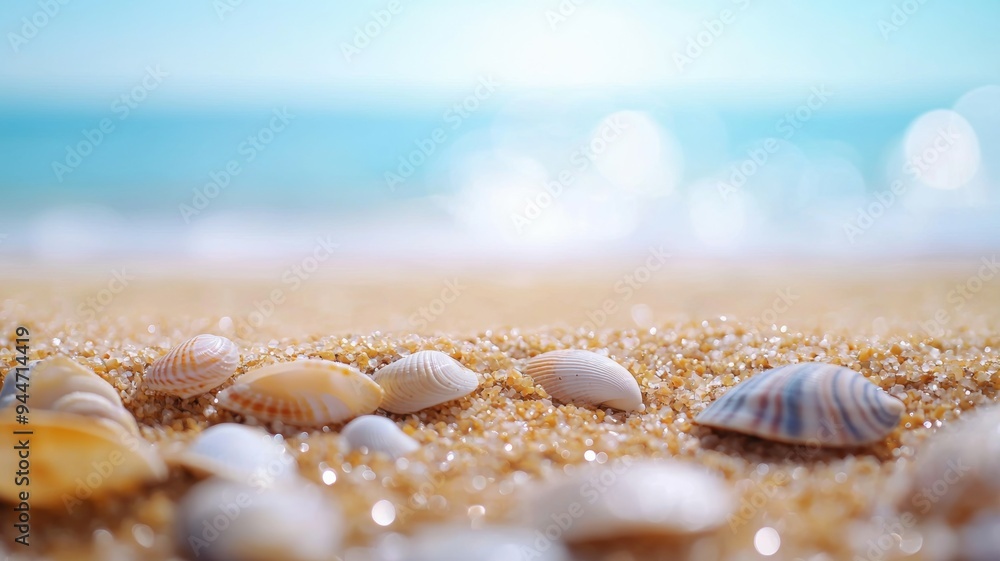 Poster a beach scene with a large number of shells scattered across the sand