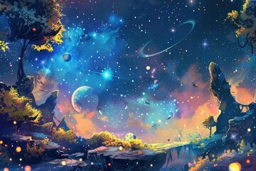 Fototapeta premium Fantasy Landscape with Planets and Stars