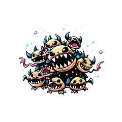 A swarm of mischievous, grinning, yellow, tiny monsters with sharp teeth and blue horns.