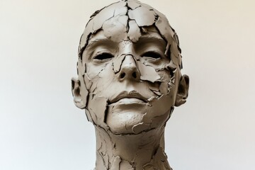 A striking sculpture of a human face made from cracked clay pieces portraying the fragility and complexity of human emotion and identity in a minimalist monochrome aesthetic