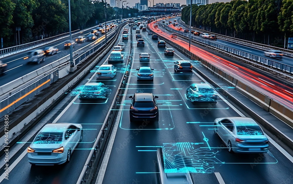 Aufkleber ai neural network managing autonomous vehicles on a busy highway with digital communication