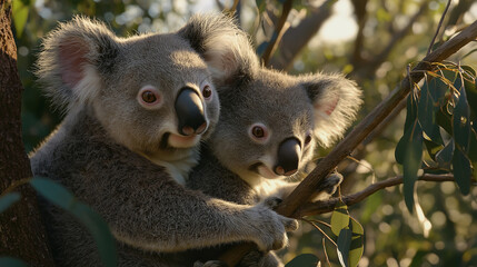 Fototapeta premium Koalas from the Side in a Close-Up View at Late Afternoon, Capturing Detailed Fur and Gentle Expression