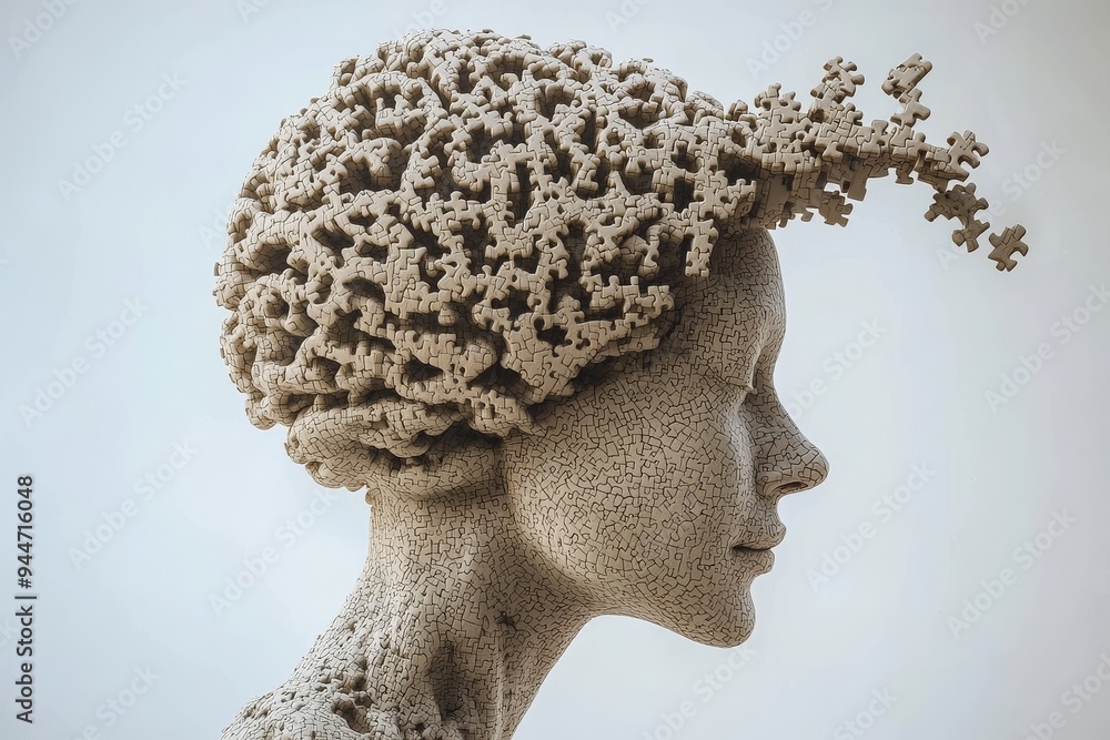 Poster an intricate sculpture of a female bust with a brain like structure symbolizing the convergence of c