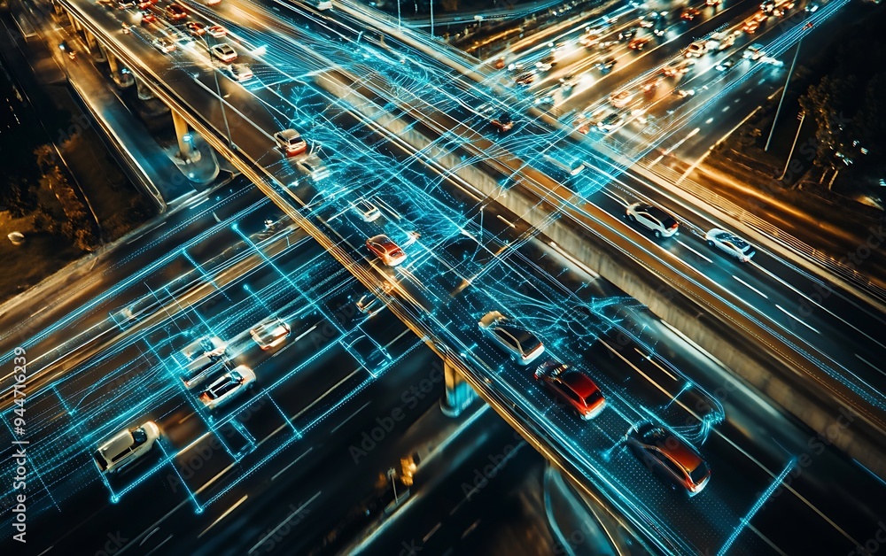 Aufkleber ai neural network managing autonomous vehicles on a busy highway with digital communication