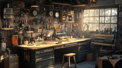 workbench in a garage, covered with tools and materials.