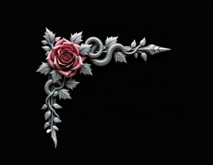 A 3D  silver rose and leaf ornament in Baroque style set against a black background.