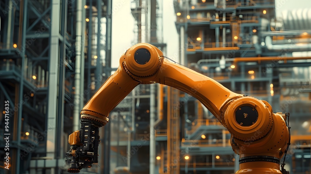 Poster a man in a white helmet is working on a robot in a factory. the robot is large and white, and the ma