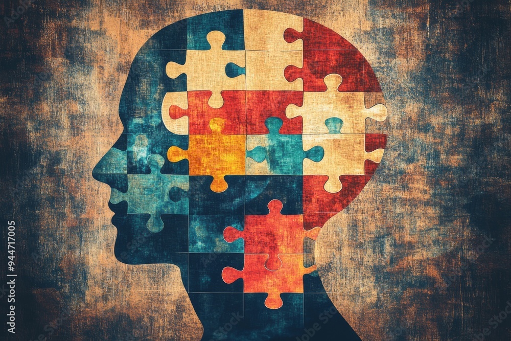 Poster an abstract illustration of a human head made from interlocking puzzle pieces representing the intri