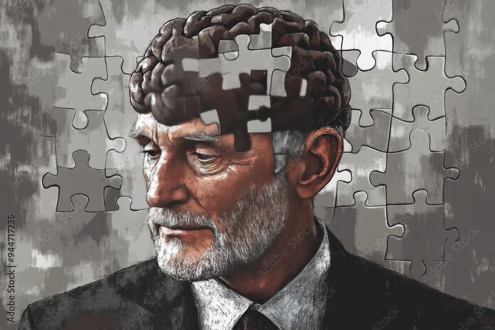 Poster a grayscale portrait of an elderly man with missing puzzle pieces in his head symbolizing memory los