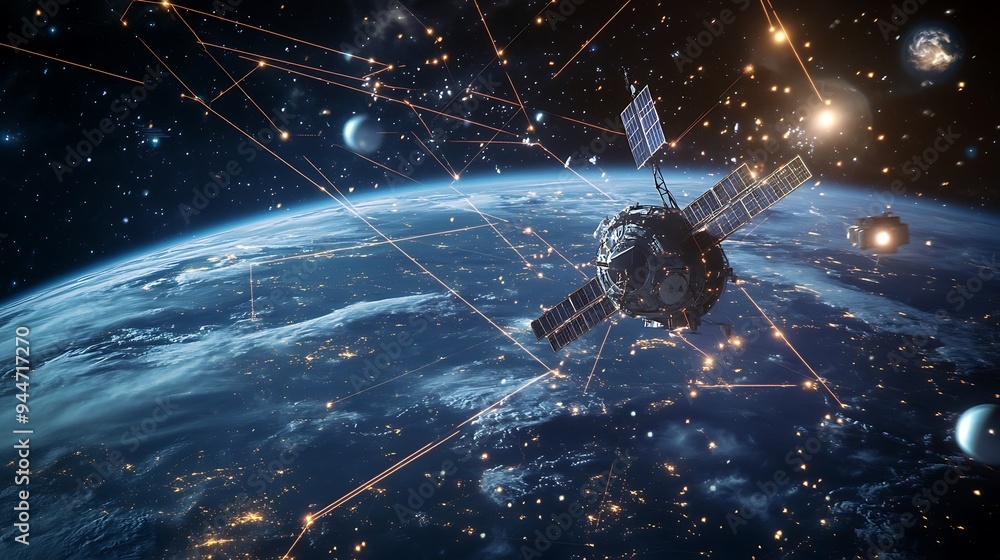Poster neural network enhancing space exploration with digital links connecting spacecraft and satellites