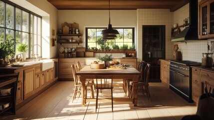 kitchen with a large farmhouse table in the center.