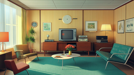 A nostalgic 1950s living room with mid-century furniture and modern tech gadgets.