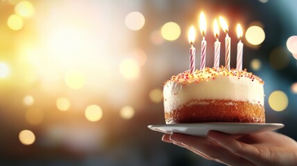 A person is holding a plate with a cake on it