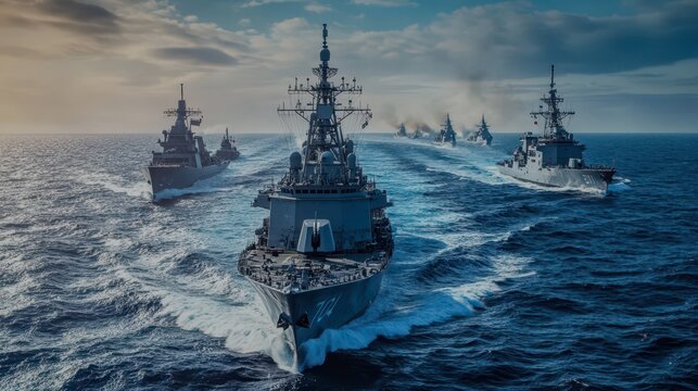 Naval fleet maneuvers in the ocean during late afternoon light