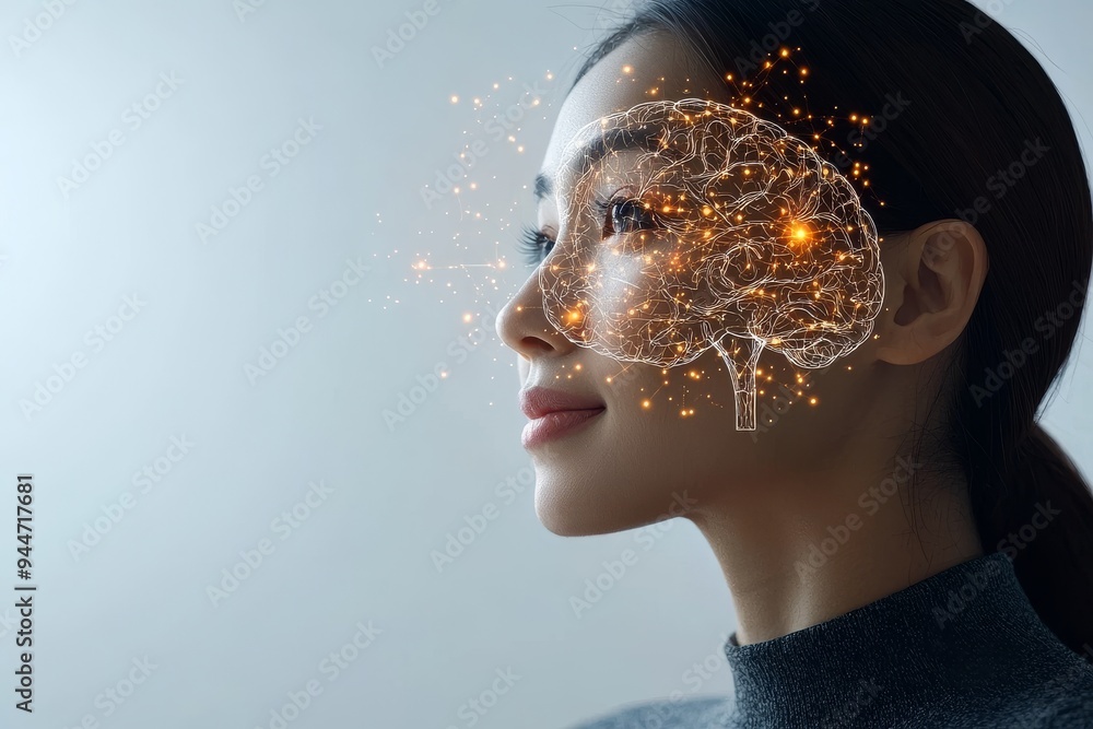 Aufkleber a futuristic digital art piece of a woman’s face with glowing neural connections representing the in