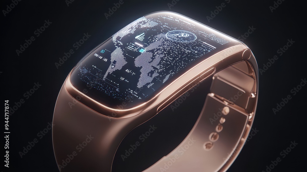 Poster futuristic smartwatch with world map display