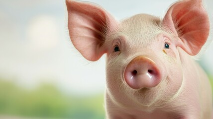 A pig with pink ears and a pink nose is looking at the camera