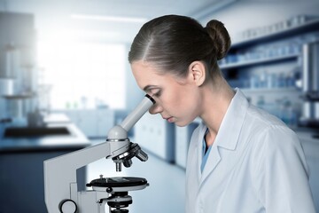 Confident scientist worker conducting research in laboratory